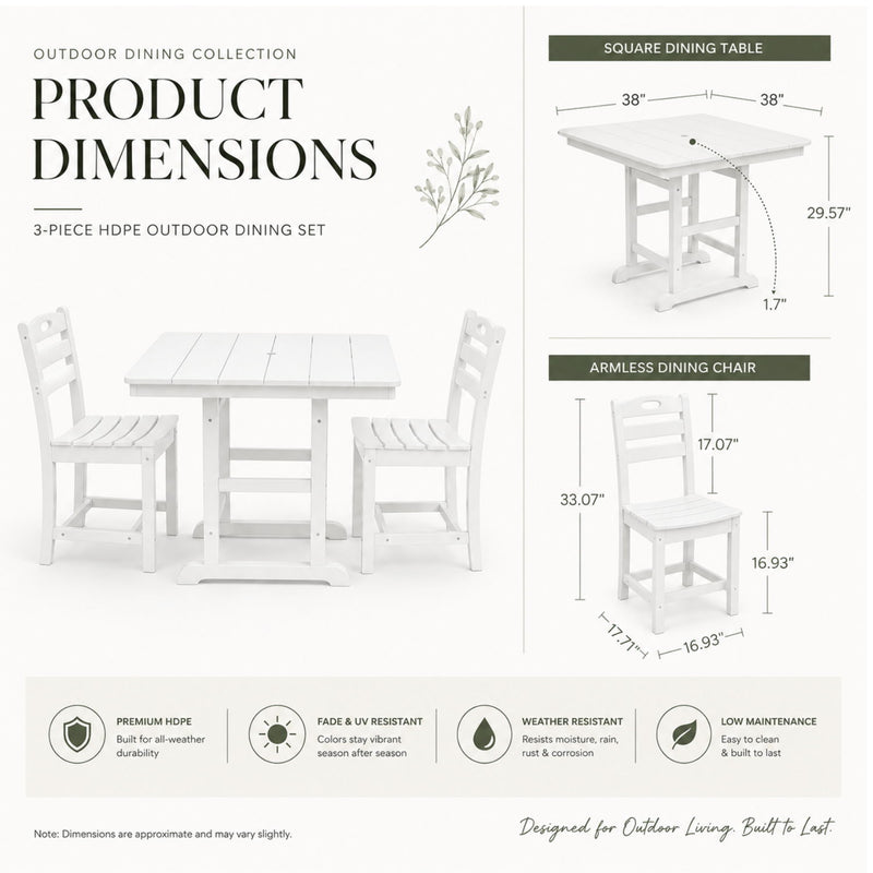 Outdoor Patio Dining Set, Square Table With Umbrella Hole And Armless Chairs