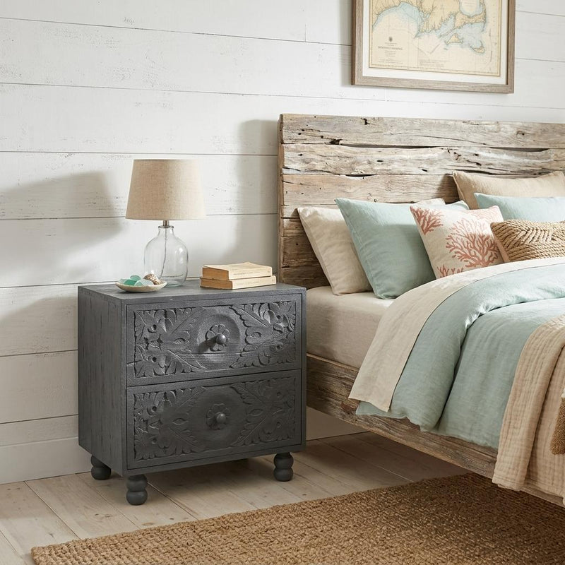 Solid Wood Carved Scrollwork Two Drawer Nightstand - Gray