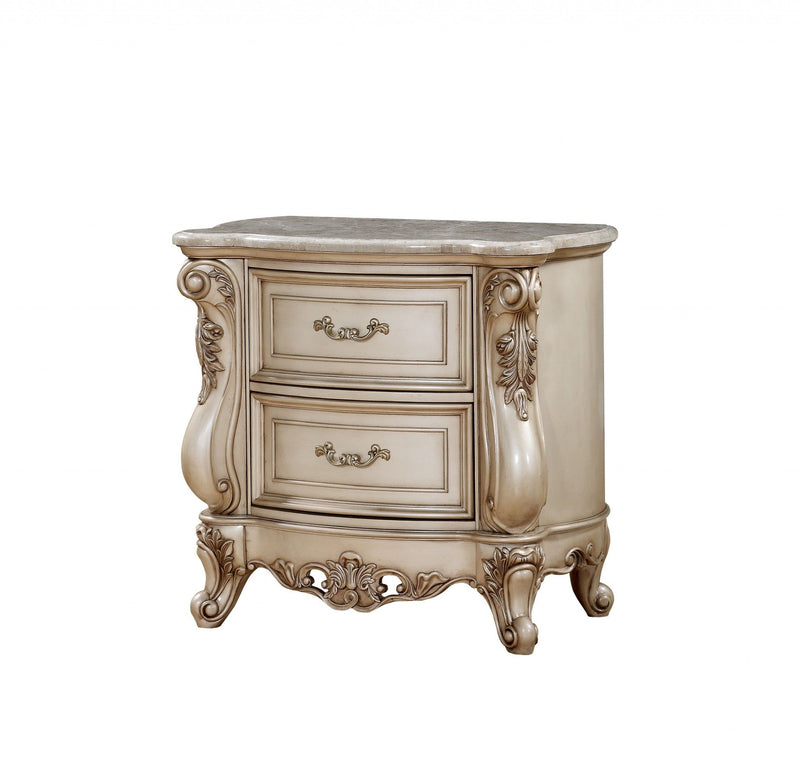 Two Drawers Mirrored Nightstand - Antiqued White