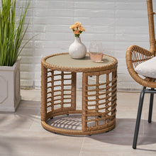 Load image into Gallery viewer, Outdoor Side Table With Tempered Glass Top And Rattan Wicker Cover - Light Brown
