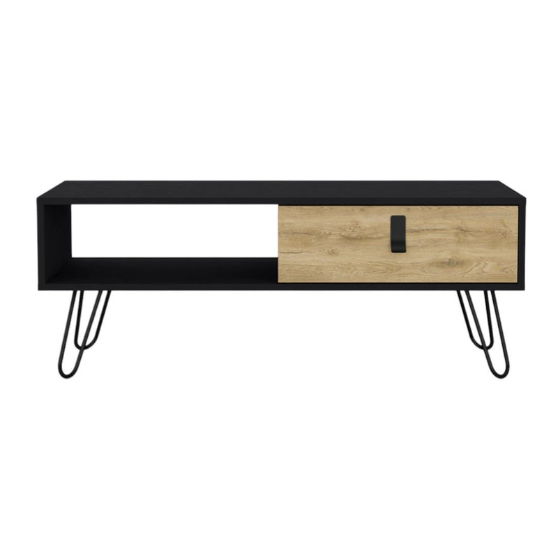41" Wood And Metal Coffee Table With Drawer And Shelf - Black And Oak