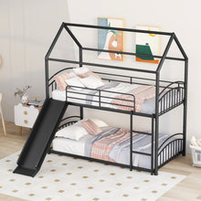 Load image into Gallery viewer, Twin Over Twin Metal Bunk Bed With Slide,Kids House Bed Black
