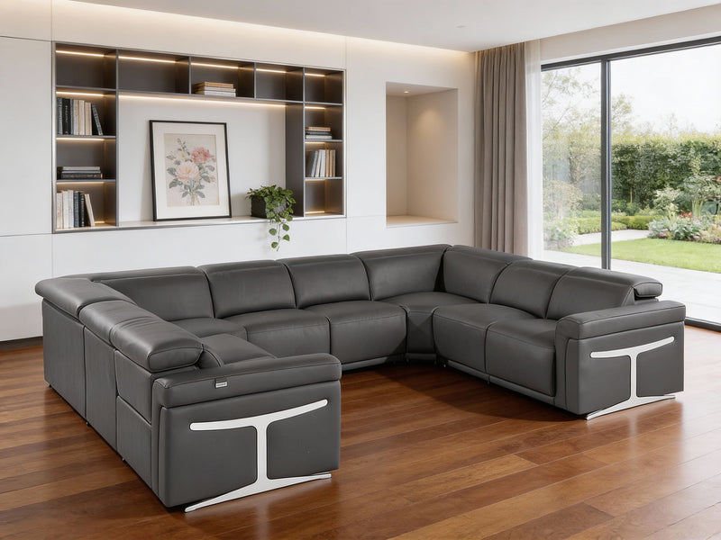 Italian Leather Power Reclining U Shaped Eight Piece Corner Sectional With Console - Dark Gray