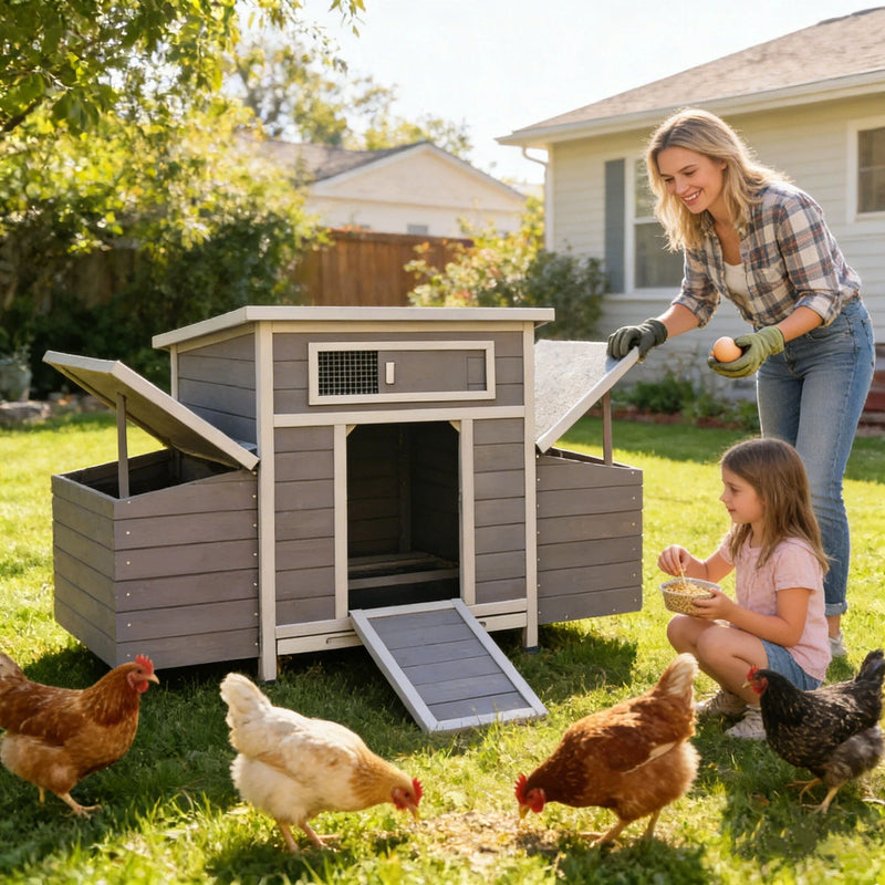 Chicken Coop, Large Outdoor Hen House With Run And Nesting Box Poultry Cage, Rabbit Hutch - Gray