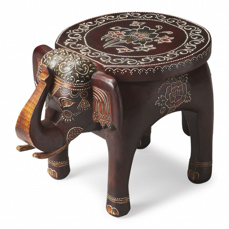 Hand Painted Floral 3D Elephant End Table - Warm Brown