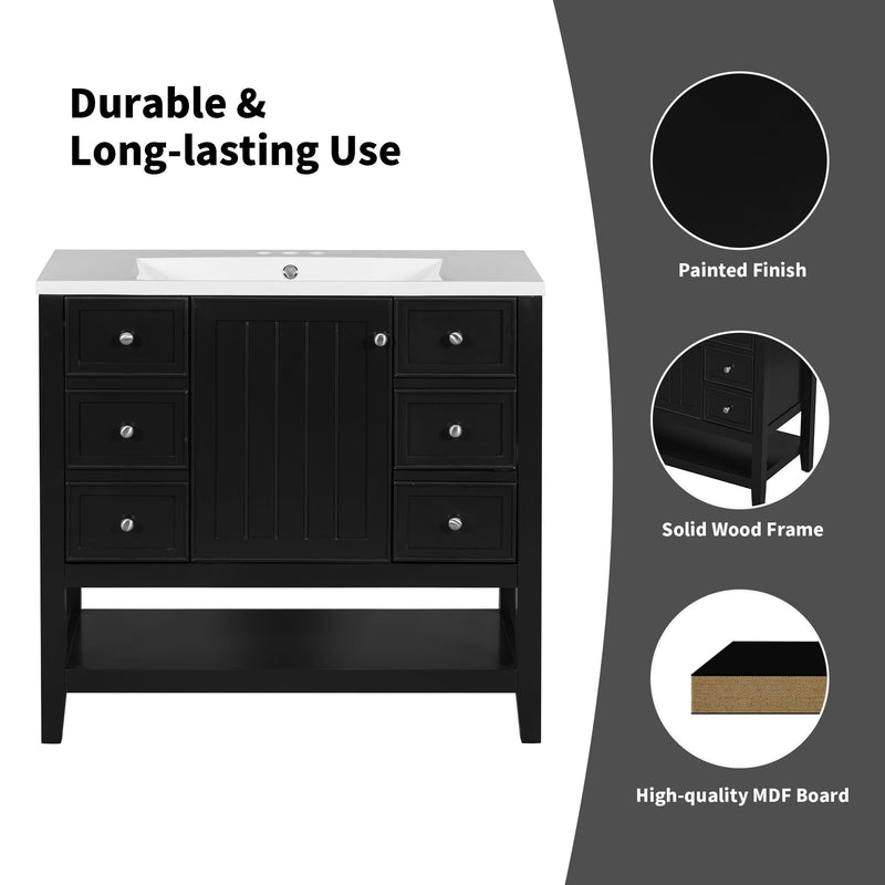 36" Bathroom Vanity Base With 2 Cabinet And 3 Drawers - Black