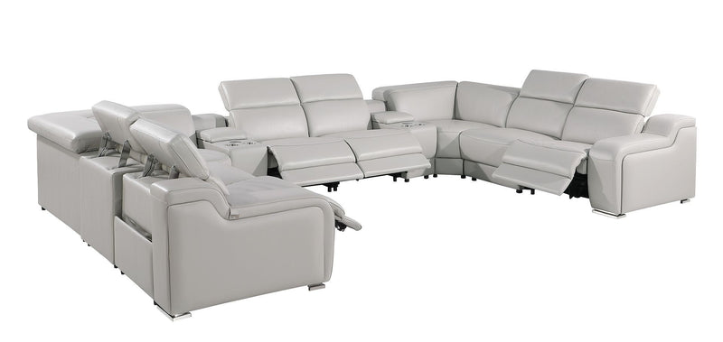 Italian Leather Power Reclining U-Shaped Ten Piece Corner Sectional With Console - Light Gray
