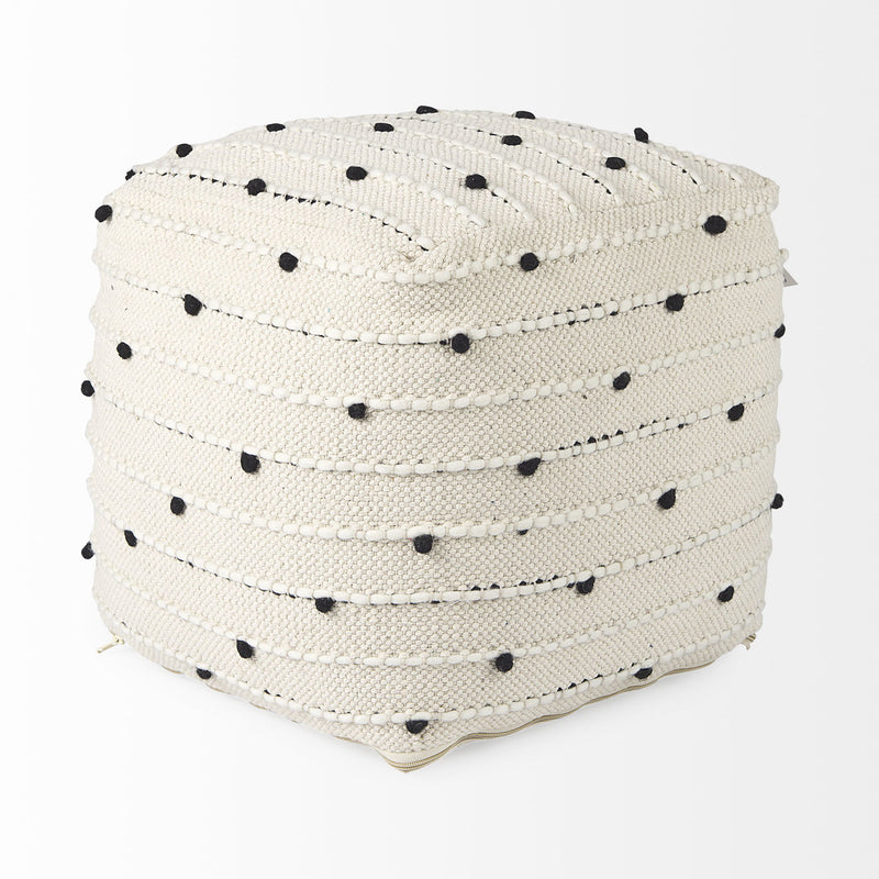 Fabric Polka Dots Round Pouf Ottoman - Cream / Black