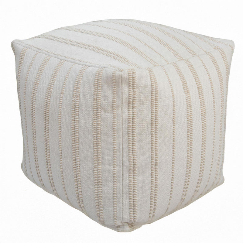 Cotton Blend Striped Cube Pouf Ottoman - Beige And Ivory