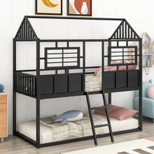 Load image into Gallery viewer, Twin over Twin Size Metal Low Bunk Beds with Roof and Fence-shaped Guardrail, Black
