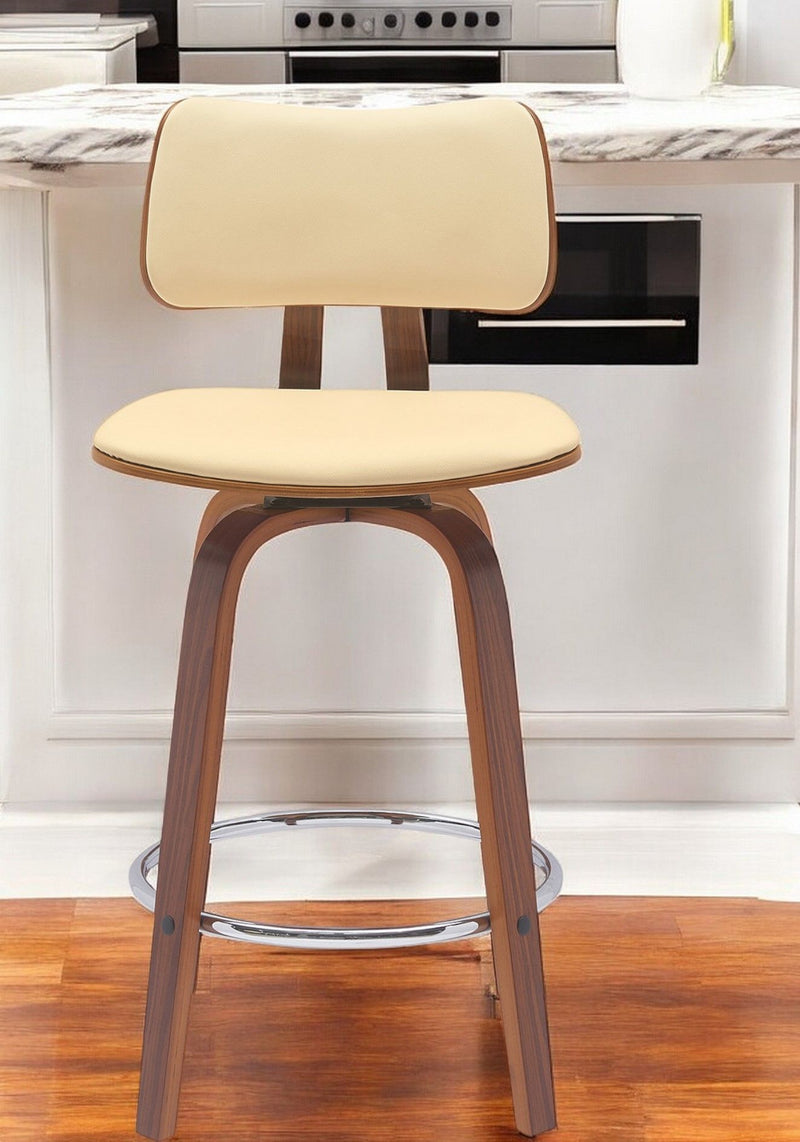 Faux Leather Swivel Low Back Counter Height Bar Chair - Cream And Wood Brown