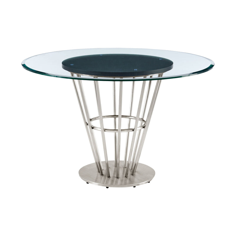 48" Glass And Stainless Steel Pedestal Base Round Top Dining Room Table - Brown