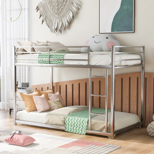 Twin over Twin Metal Bunk Bed, Low Bunk Bed with Ladder,Silver(OLD SKU:WF282465AAN)