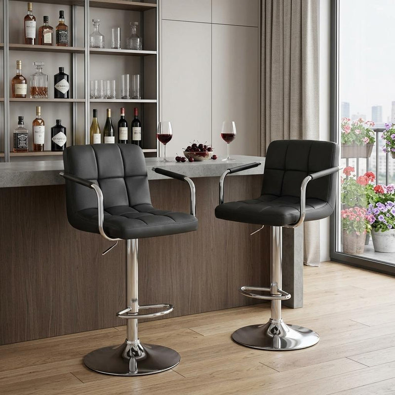Faux Leather Swivel Bar Chairs (Set of 2) - Black / Silver