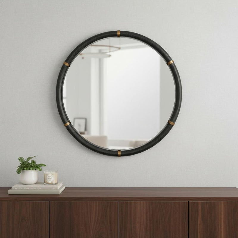 39" Glass Round Rope Hanging Accent Mirror - Black
