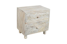 Load image into Gallery viewer, 24" Solid Wood Distressed Carved Scrollwork Two Drawer Nightstand - Natural And White
