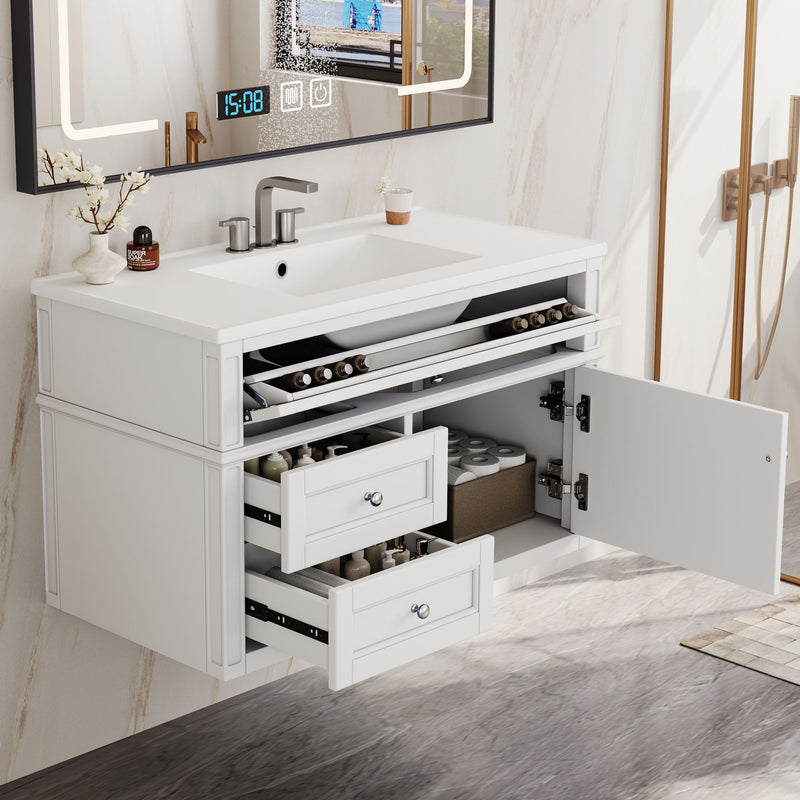 Modern Wall Mounted Floating Cabinet With Double Drawer And Sink