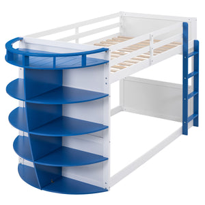 Twin over Twin Boat-Like Shape Bunk Bed with Storage Shelves, White+Blue