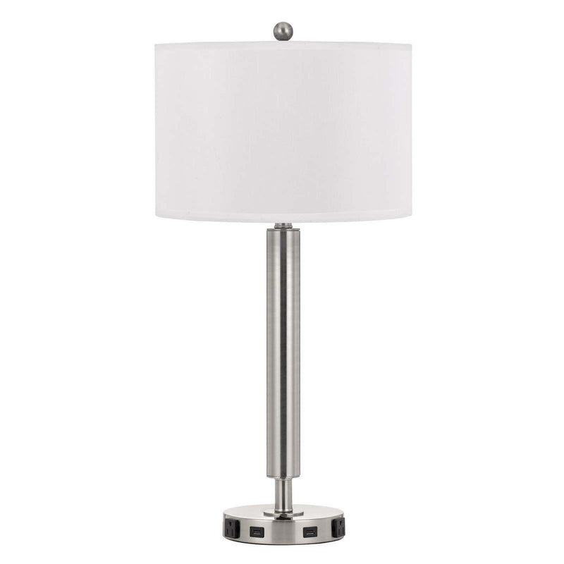 Metal Cylinder USB Table Lamp With White Drum Shade - Nickel