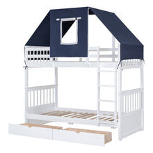 Load image into Gallery viewer, Twin Over Twin Bunk Bed Wood Bed with Tent and Drawers, White+Blue Tent
