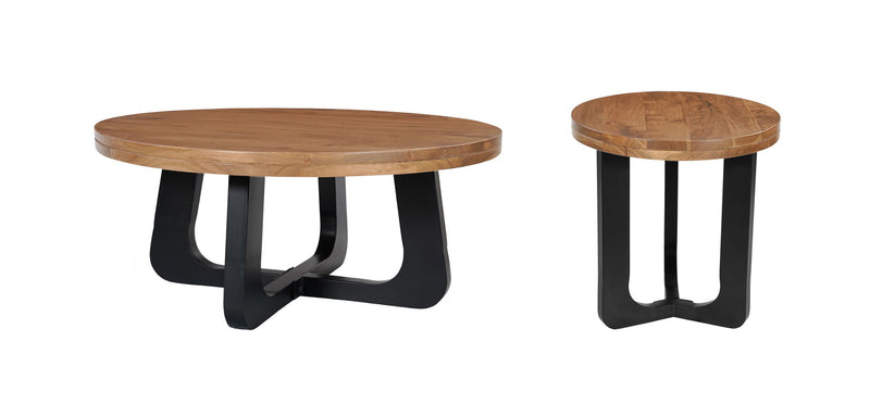 Solid Wood Iron Round Cross Legs Coffee Table (Set of 2) - Natural / Black