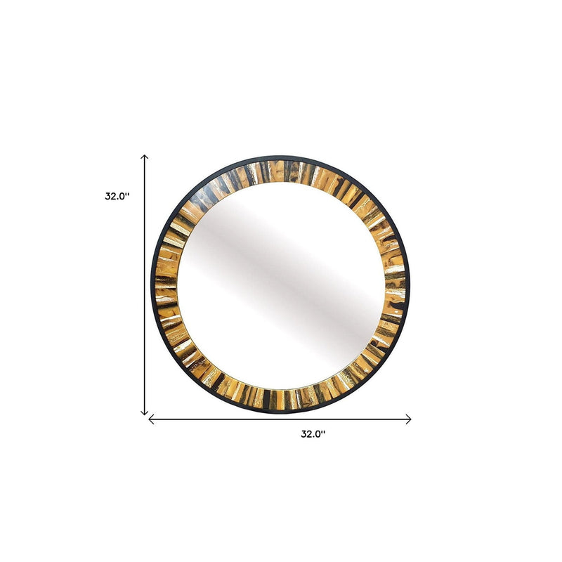 32" Round Framed Accent Mirror - Black / Brown / Faux Stone