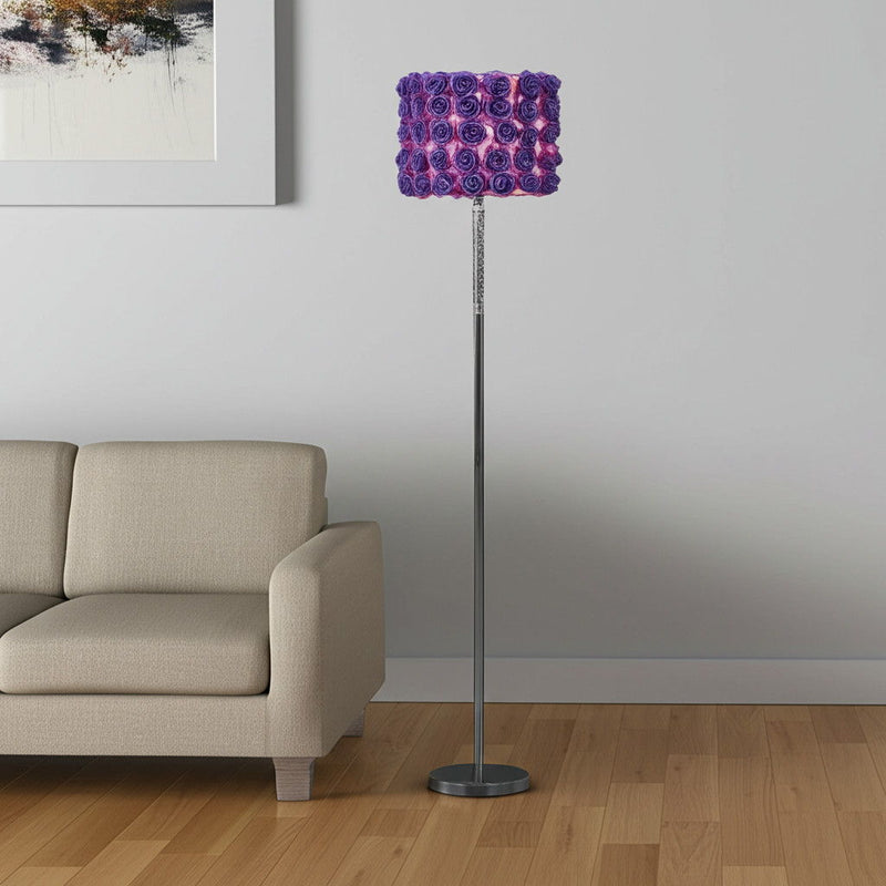 Steel And Acrylic Floor Lamp With Flowers Fabric Drum Shade - Silver Purple