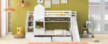 Load image into Gallery viewer, Twin-Over-Twin Castle Style Bunk Bed with 2 Drawers 3 Shelves and Slide - White
