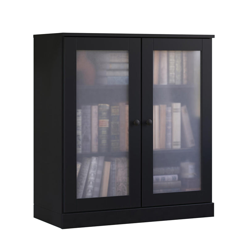 Solid Wood Adjustable Three Tier Library Bookcase With Two Doors - Black