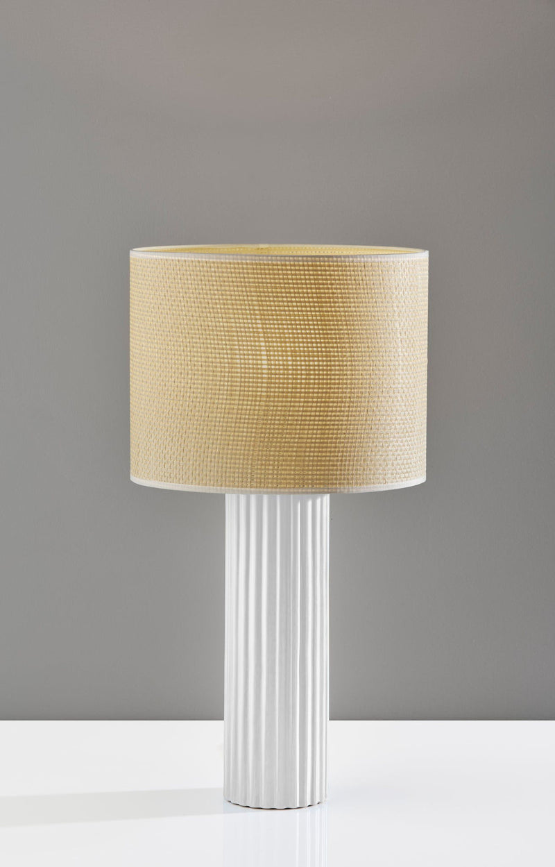 24" Ceramic Cylinder Table Lamp With Beige Drum Shade - White
