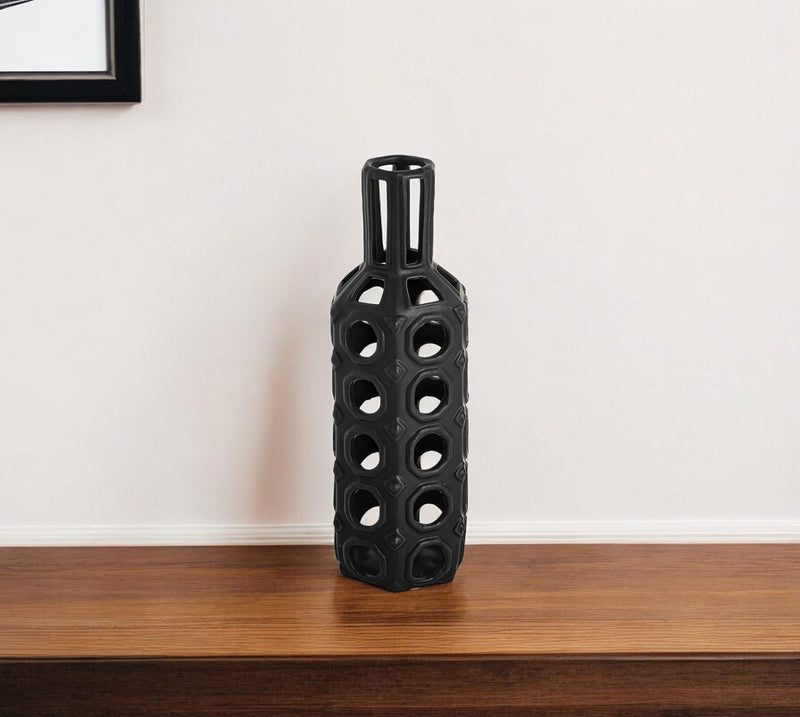 Pierced Geometric Cylinder Table Vase - Black