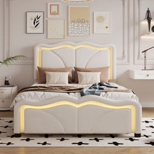 Load image into Gallery viewer, Upholstered Platform Bed &amp; Curve Shaped And Height Adjustable Headboard, LED Light Strips
