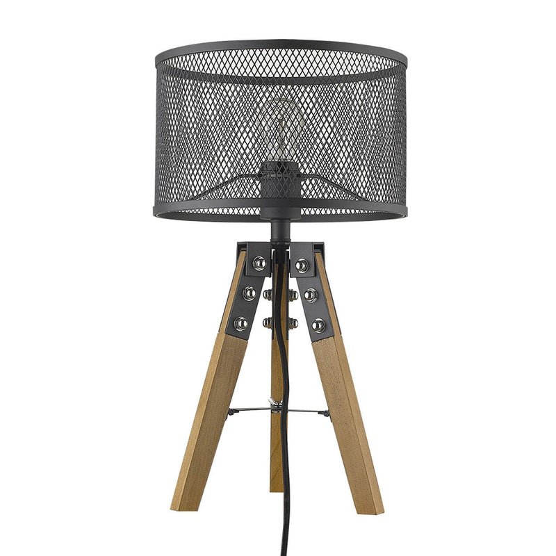 Solid Wood Tripod Table Lamp With Black Drum Shade - Brown