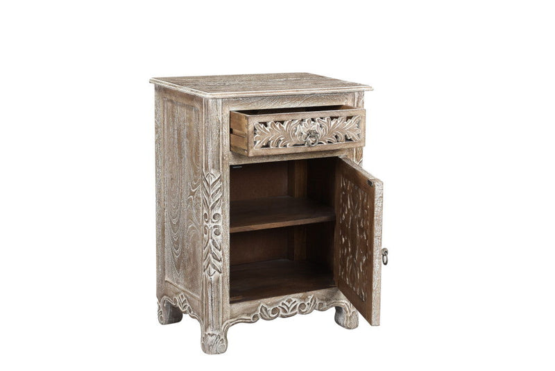 One Drawer One Door Floral Carved Nightstand - Gray