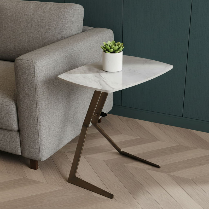 Ceramic Faux Marble Steel End Table - White / Bronze