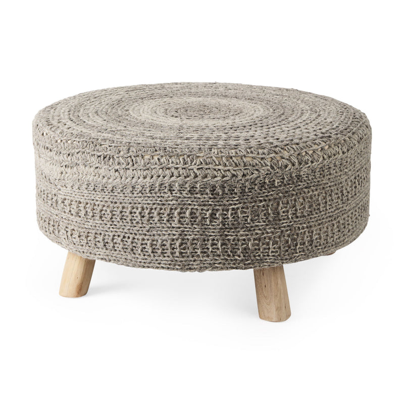 Wool Round Pouf Ottoman - Gray / Brown