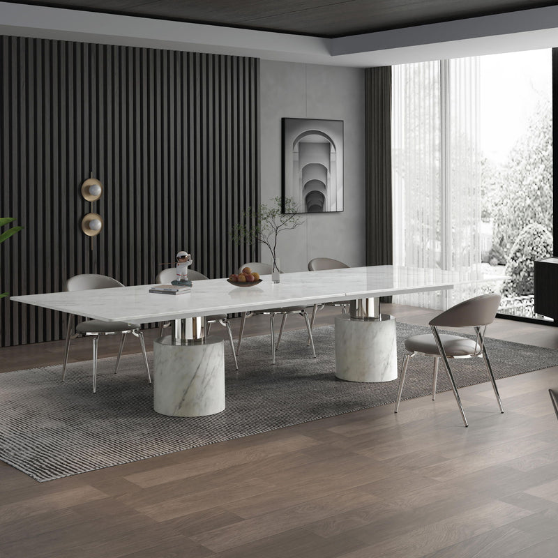 Glass Marble Double Pedestal Base Dining Table - White