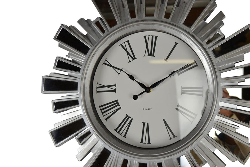 Mirrored Heavy Duty Plastic Silent Analog Sunburst Wall Clock - Silver / Silver / White