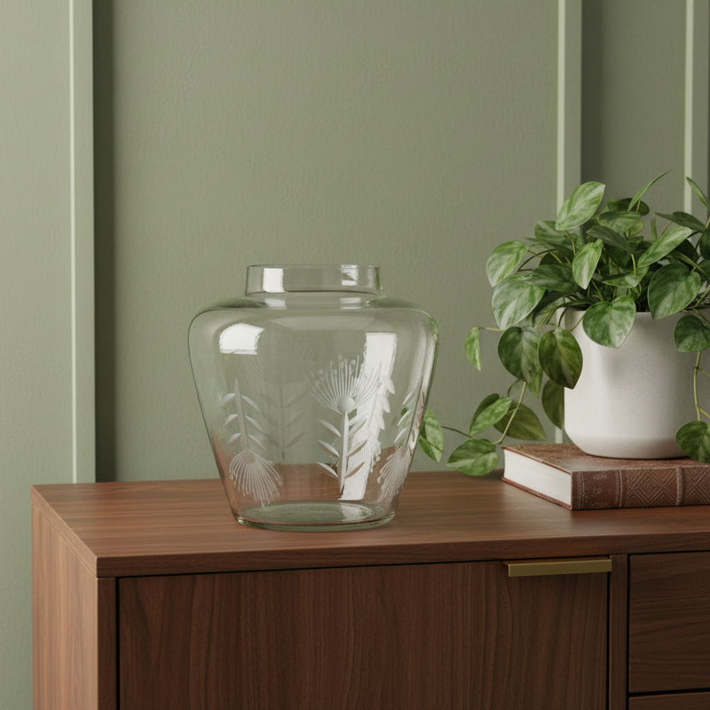Etched Leaf Urn Table Vase - Clear