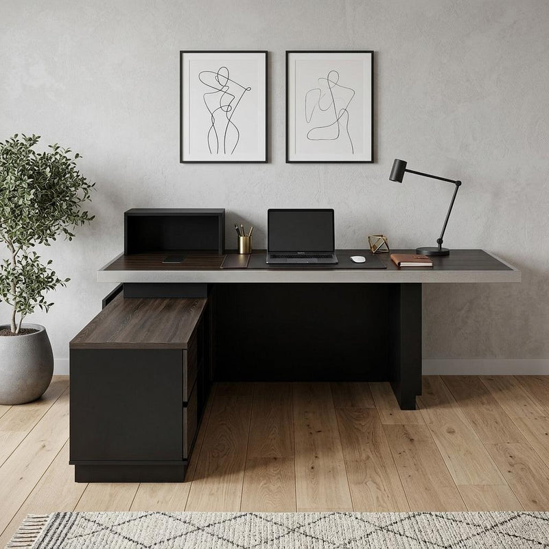 Wood Pedestal Executive Desk With And Two Drawers Built In Lighting - Black