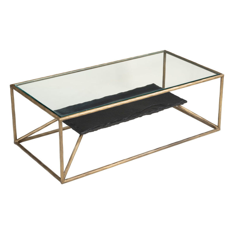 Glass Iron Pedestal Coffee Table - Brass