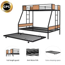 Load image into Gallery viewer, Metal Twin over Full Bunk Bed with Trundle/ Heavy-duty Sturdy Metal/ Noise Reduced/ Safety Guardrail/ Wooden Decoration/ Convenient Trundle / Bunk Bed for Three/ CPC Certified/ No Box Spring Needed
