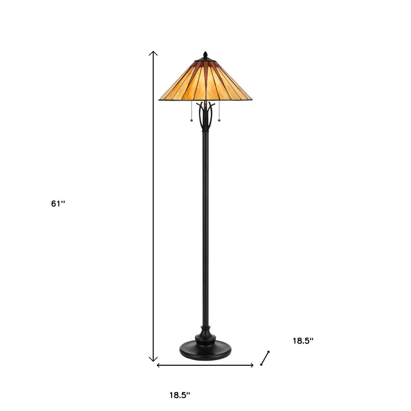 Two Light Traditional Shaped Floor Lamp With Red And Ivory Abstract Tiffany Glass Empire Shade - Bronze
