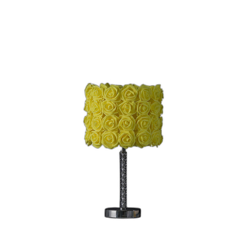 Bedside Table Lamp With Yellow Flowers Drum Shade - Silver