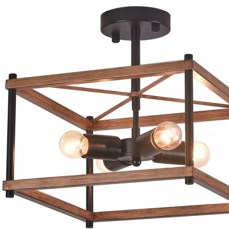 Industrial Wood Square Four Light Ceiling Fixture - Brown / Black