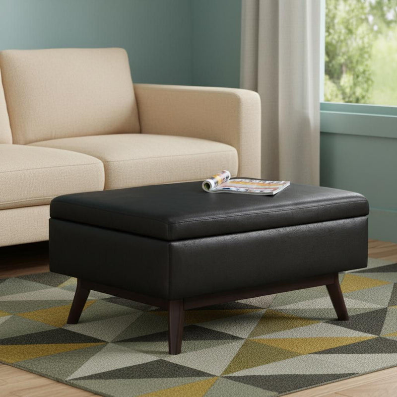 34" Leather Cocktail Ottoman With Storage - Black / Brown