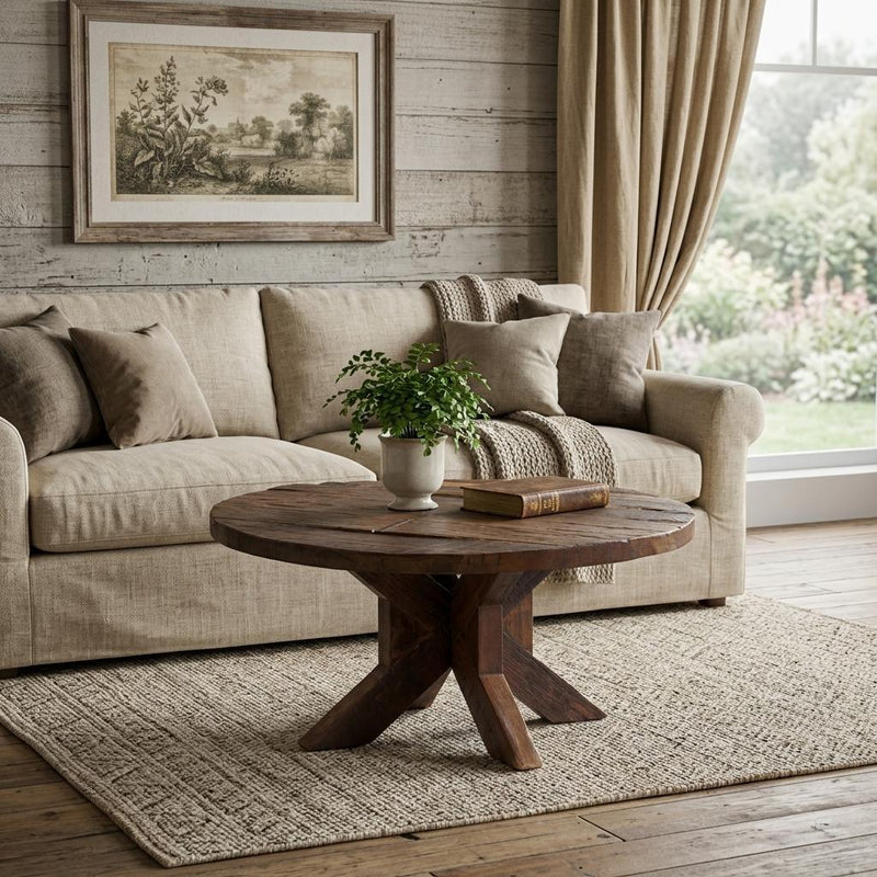 Reclaimed Round Cross Legs Coffee Table - Brown