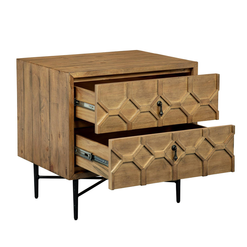 Iron And Solid Wood Distressed Carved Geometric Two Drawer Nightstand - Natural