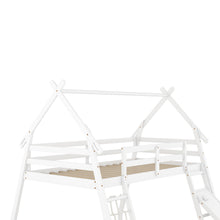 Load image into Gallery viewer, Twin over Queen House Bunk Bed with Climbing Nets and Climbing Ramp, White
