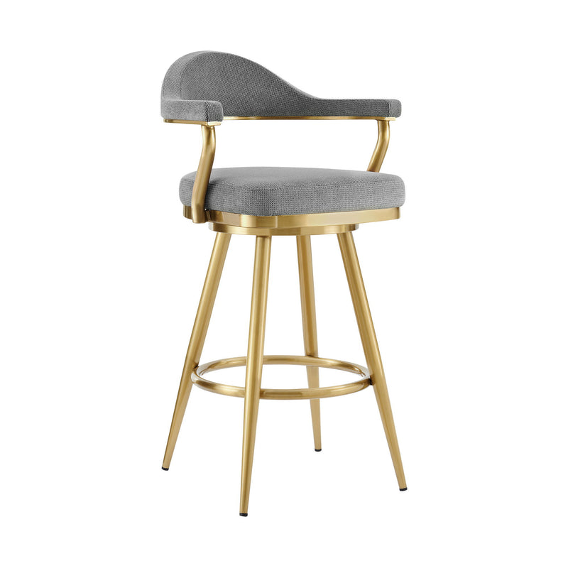 30" Fabric And Stainless Steel Low Back Height Swivel Bar Chair - Gray And Gold